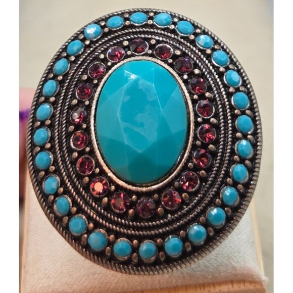 Vintage Faux Turquoise & Red Rhinestone Accent Stretch Ring - Picture 3 of 5